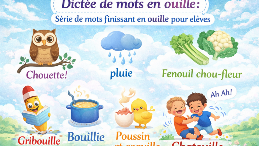 Dictée de mots en ouille : Série de mots finissant en ouille pour élèves