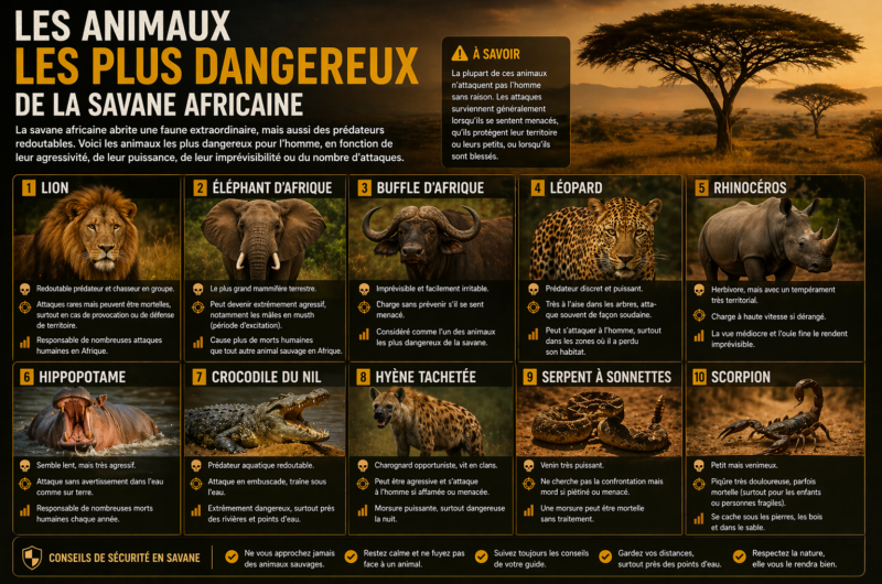 Animaux les plus dangereux de la savane africaine