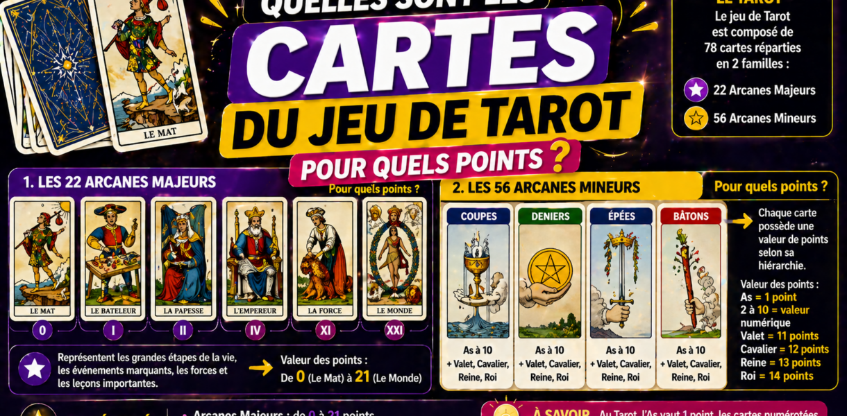 Quelles sont les cartes du jeu de tarot ? Pour quels points ?