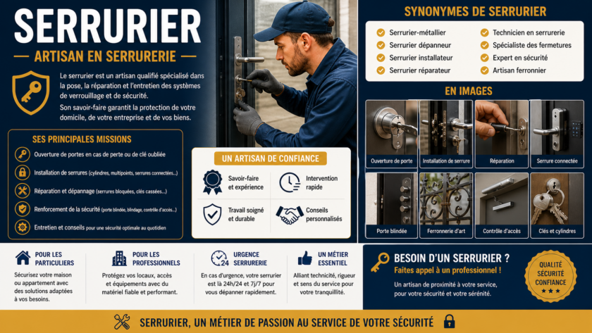 Serrurier, artisan en serrurerie, synonyme et images