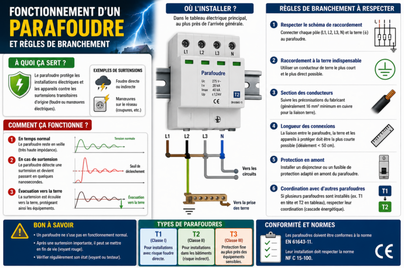 Fonctionnement d’un parafoudre et règles de branchement de celui-ci