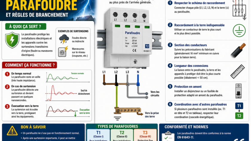 Fonctionnement d’un parafoudre et règles de branchement de celui-ci